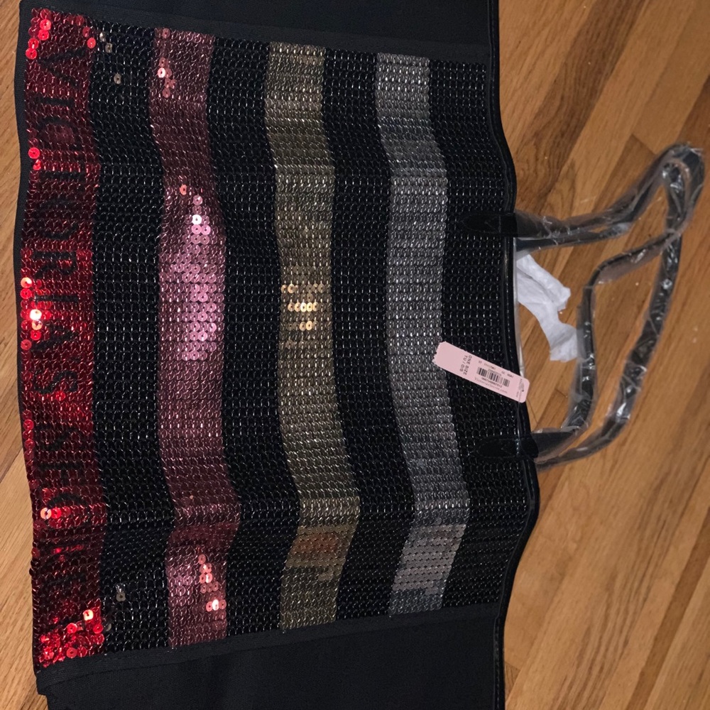 Victoria's Secret Black Sequin Stripe Tote - Pink & Gold Accent - Picture 10 of 12